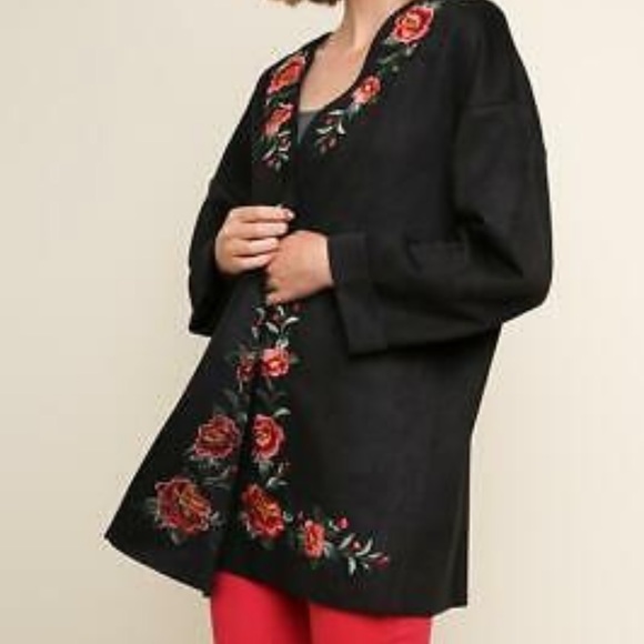 Umgee faux suede floral embroidered open front jacket - Picture 1 of 8